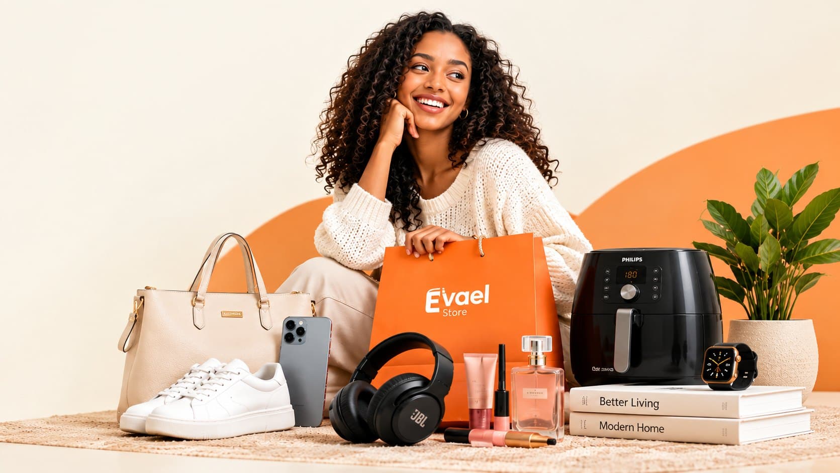 A smiling woman holding an orange Evael Store shopping bag, surrounded by a handbag, sneakers, a phone, headphones, beauty products, an air fryer, a smartwatch and a plant