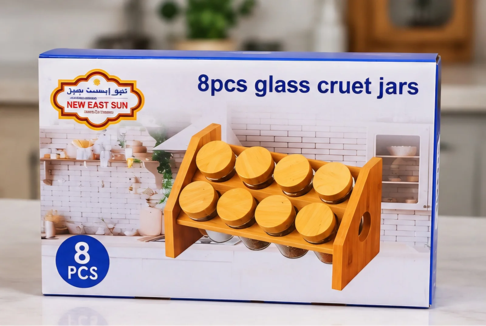 8-Piece Glass Spice Jars with Natural Bamboo Wooden Rack